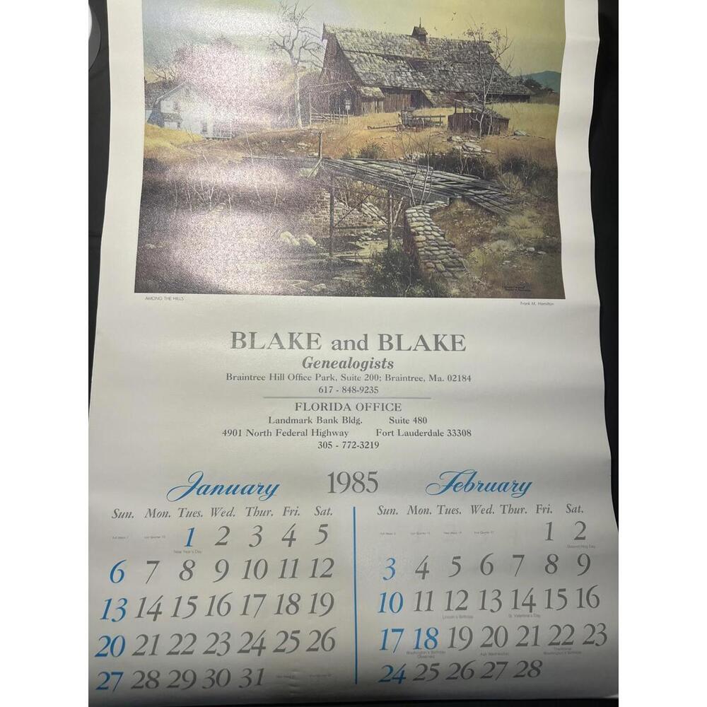 1985 Blake & Blake Genealogists Art Calendar Genealogy Lost Family Research Mass
